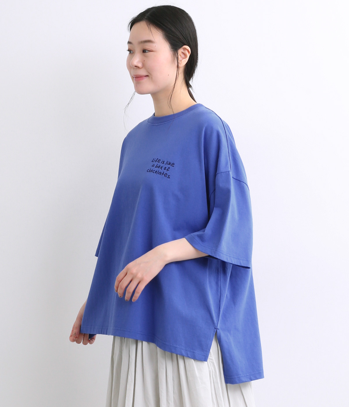 メッセージプリントオーバーサイズTシャツ(ブルー-ONESIZE)