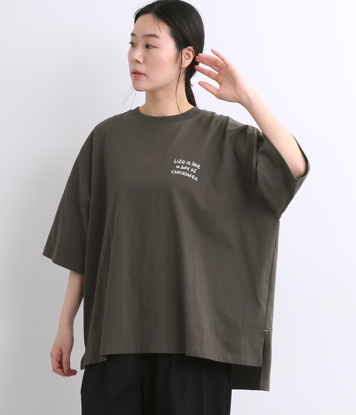メッセージプリントオーバーサイズTシャツ(ダークグレー-ONESIZE)