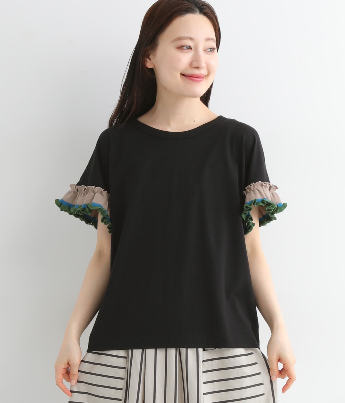 ニットフリル袖Tシャツ(ブラック-ONESIZE)
