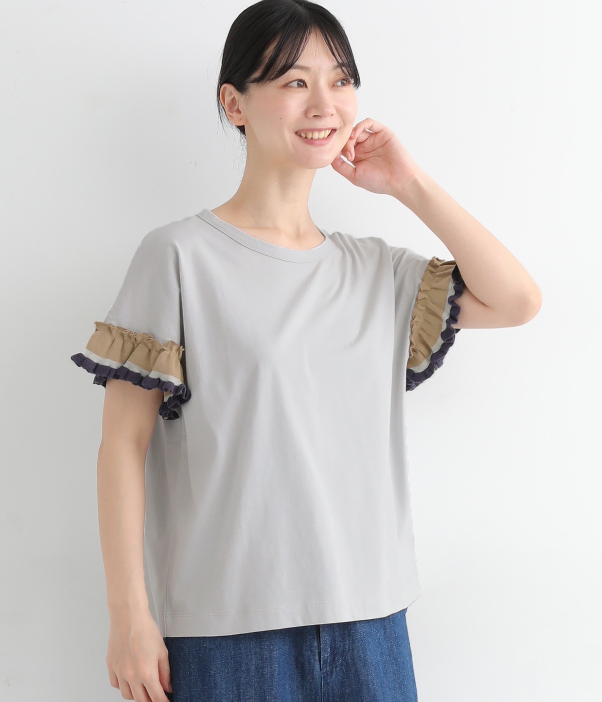 ニットフリル袖Tシャツ(ライトグレー-ONESIZE)