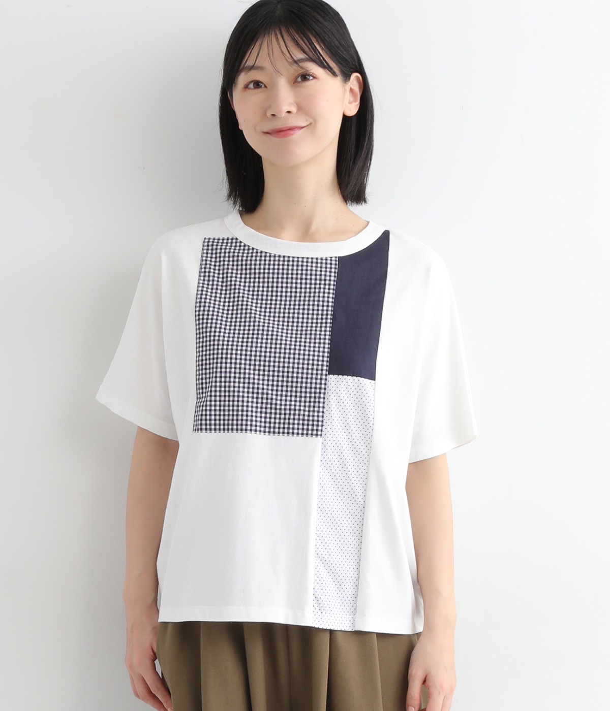 布帛使いパッチワークTシャツ(オフホワイト-ONESIZE)