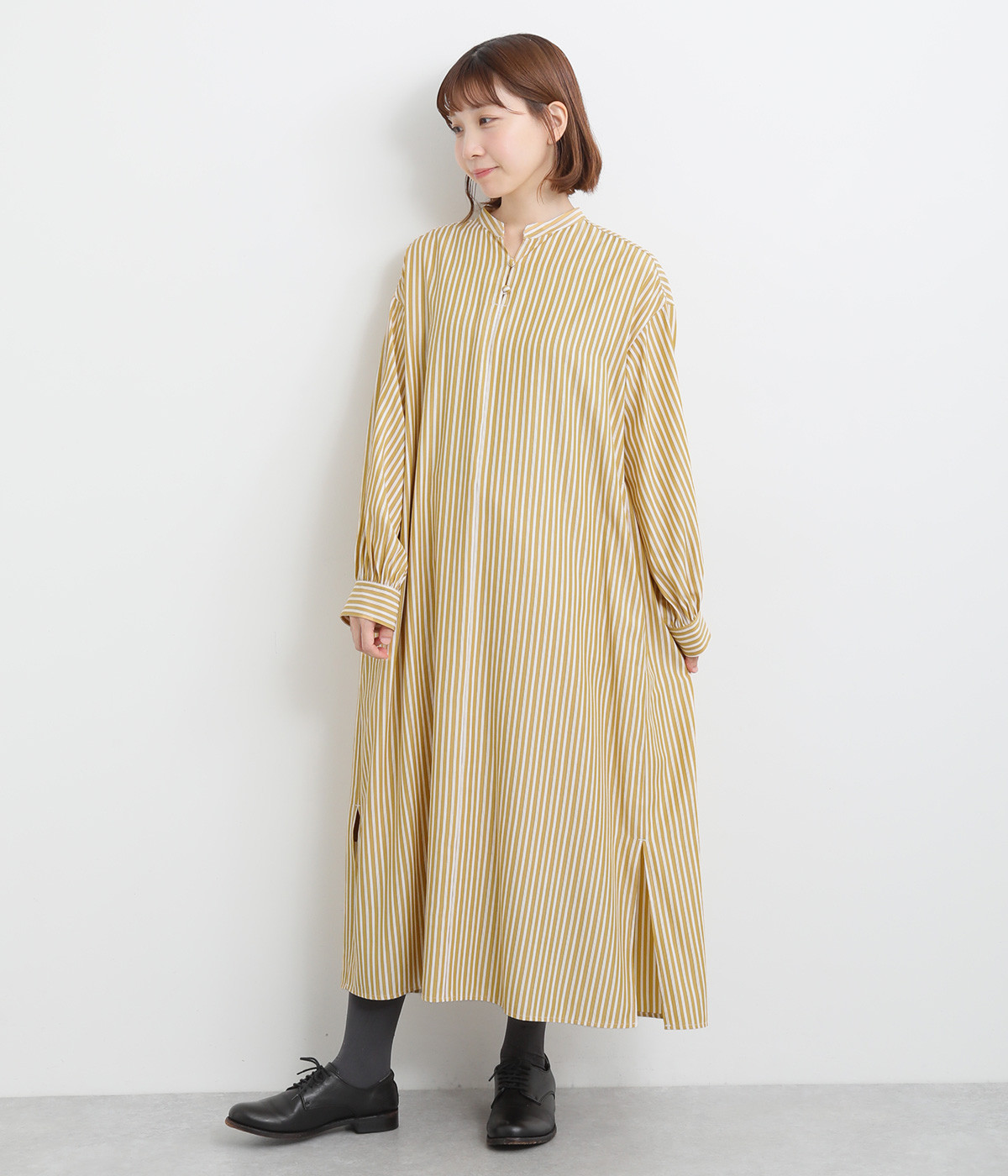 バンドカラープルオーバーワンピース(イエローストライプ-ONESIZE)