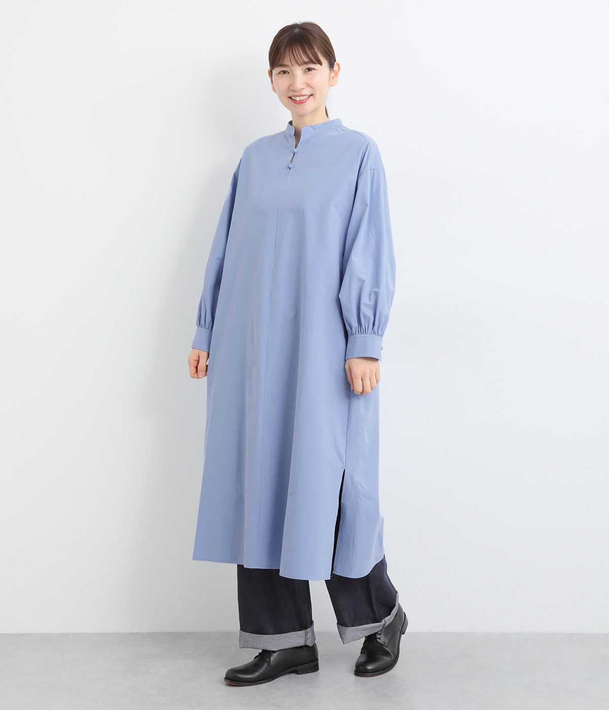 バンドカラープルオーバーワンピース(ブルー-ONESIZE)