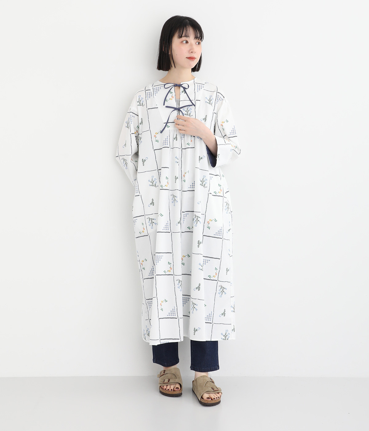 ステッチプリントカフタンワンピース(オフホワイト-ONESIZE)