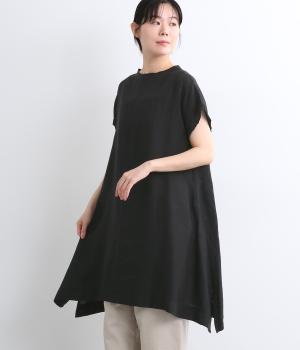 リネンAライン後ろボタンチュニックブラウス(ブラック-ONESIZE)