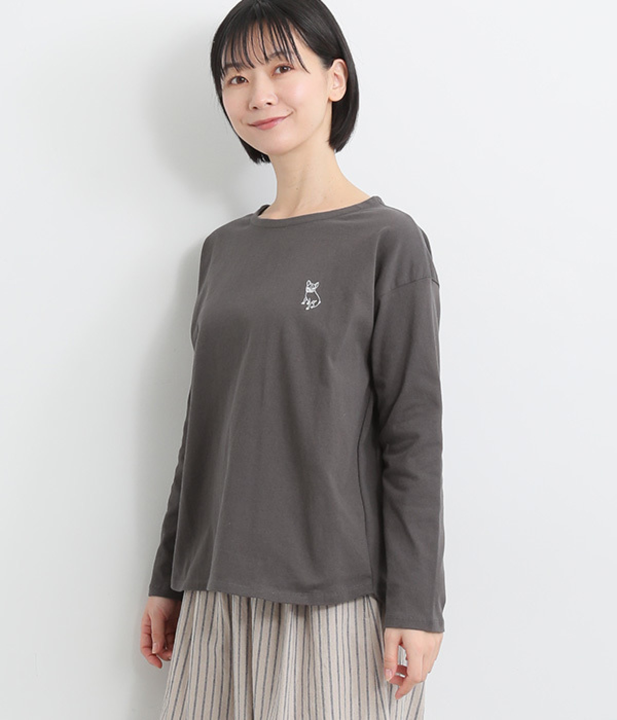 コットン天竺フレンチブル刺繍プルオーバー(チャコール-ONESIZE)