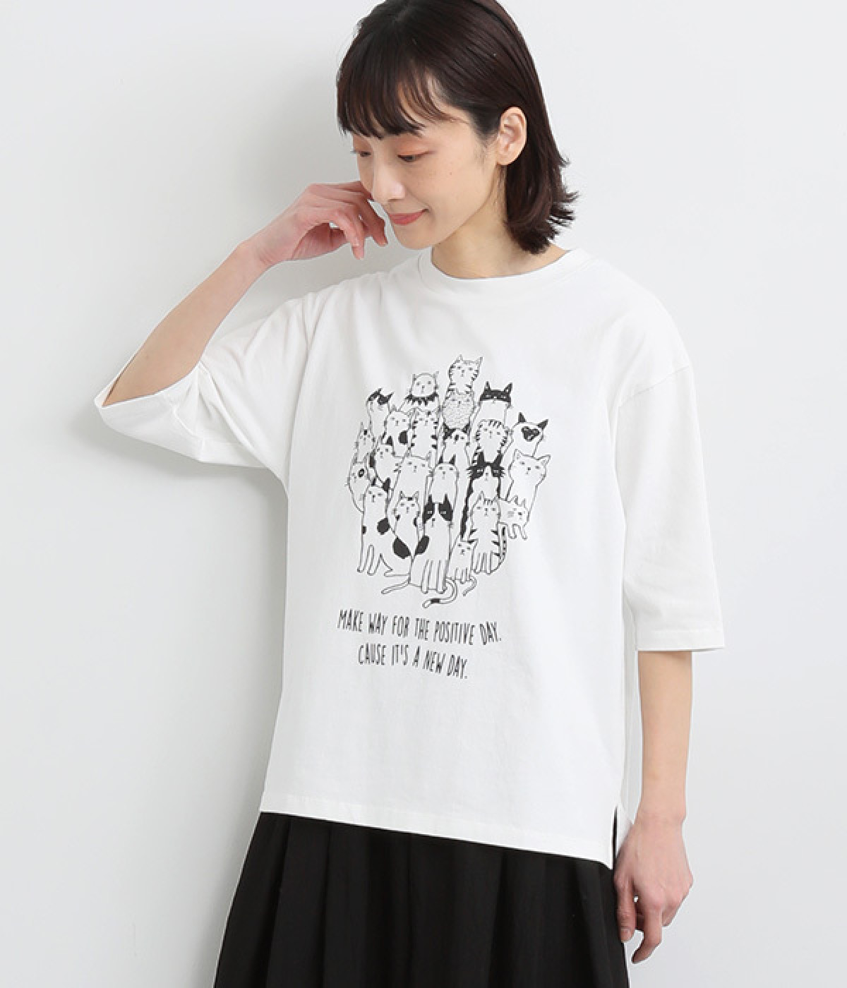 コットン天竺ネコ集合半袖プルオーバー(オフ-ONESIZE)