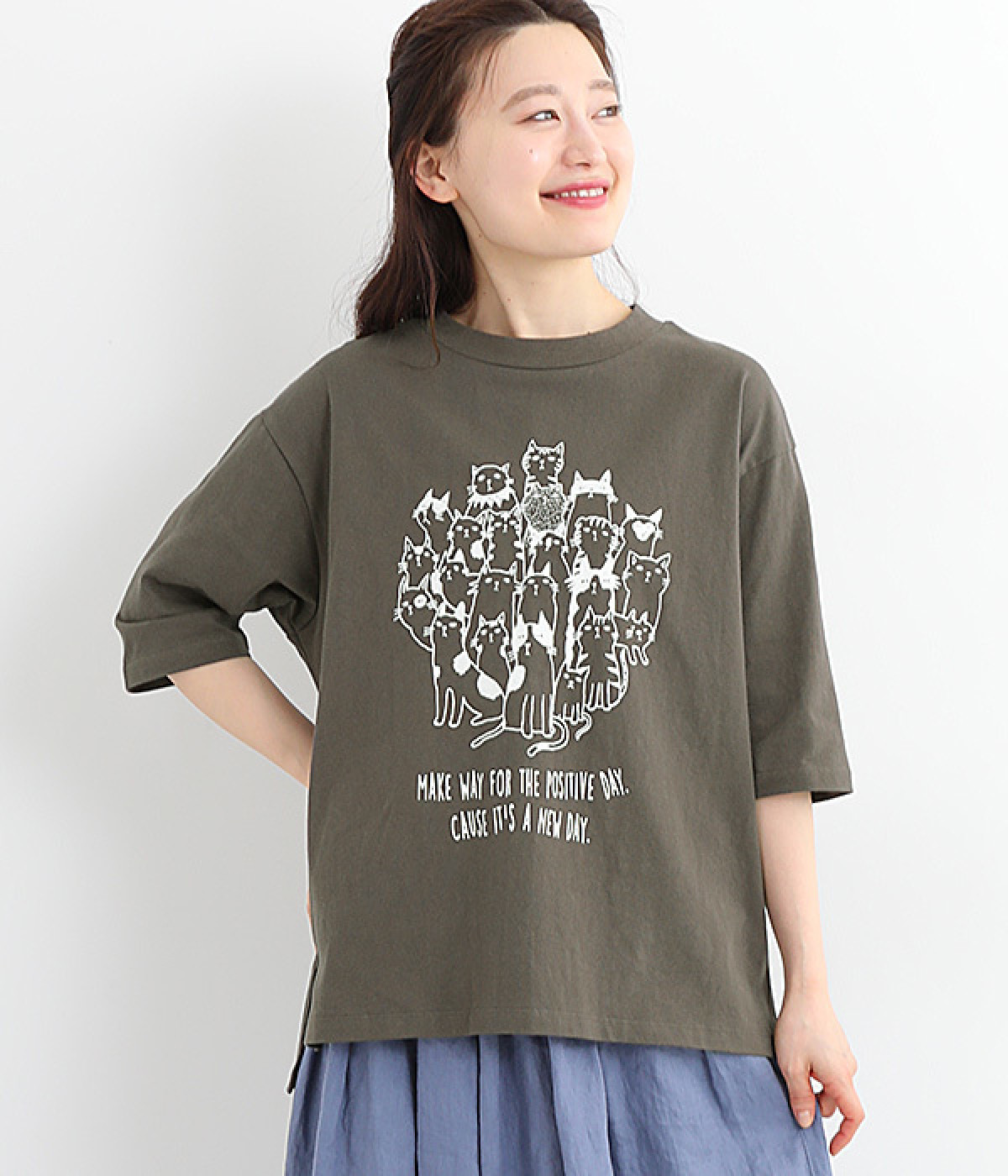 コットン天竺ネコ集合半袖プルオーバー(チャコール-ONESIZE)