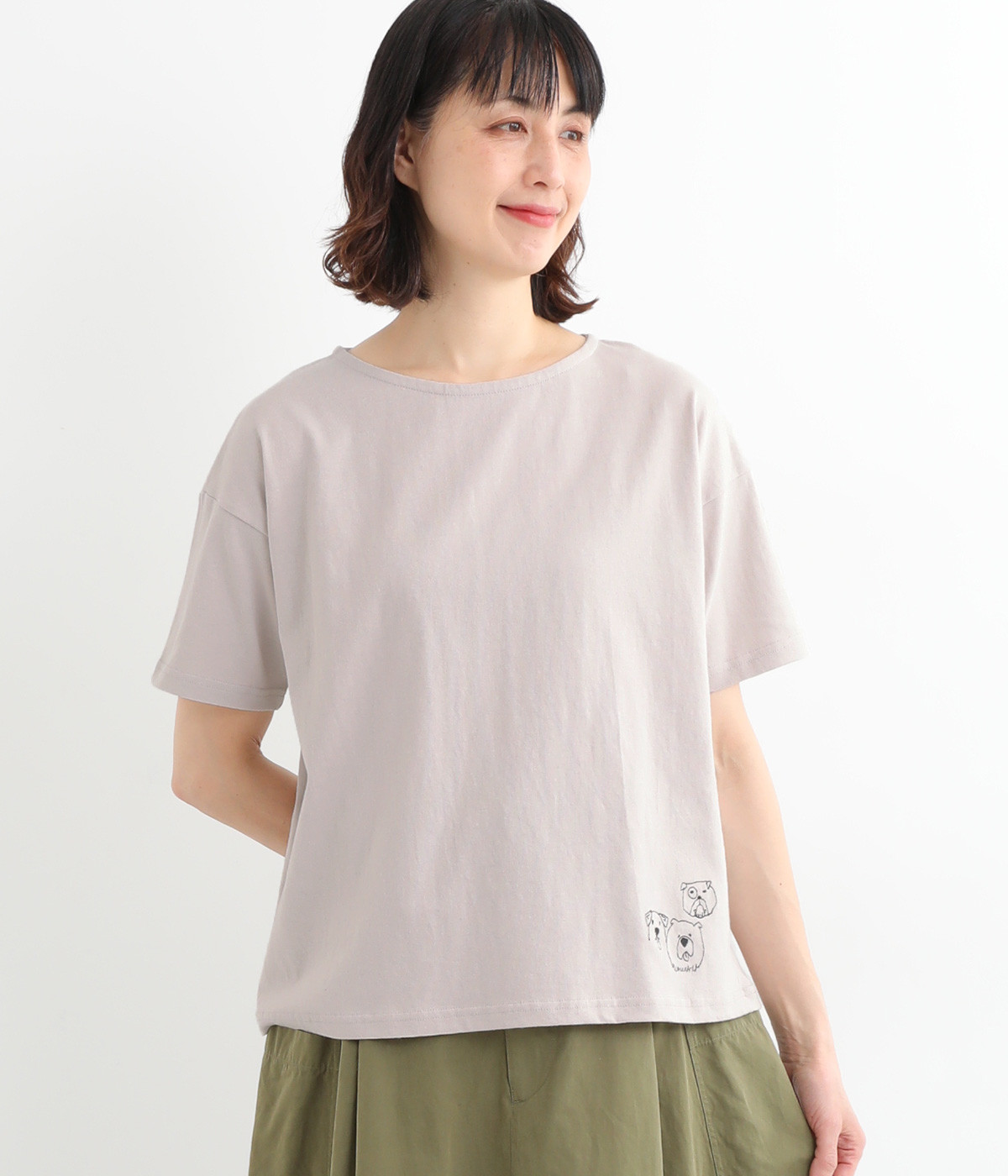 コットン天竺らくがきワンコ刺しゅう幅広プルオーバー(グレージュ-ONESIZE)