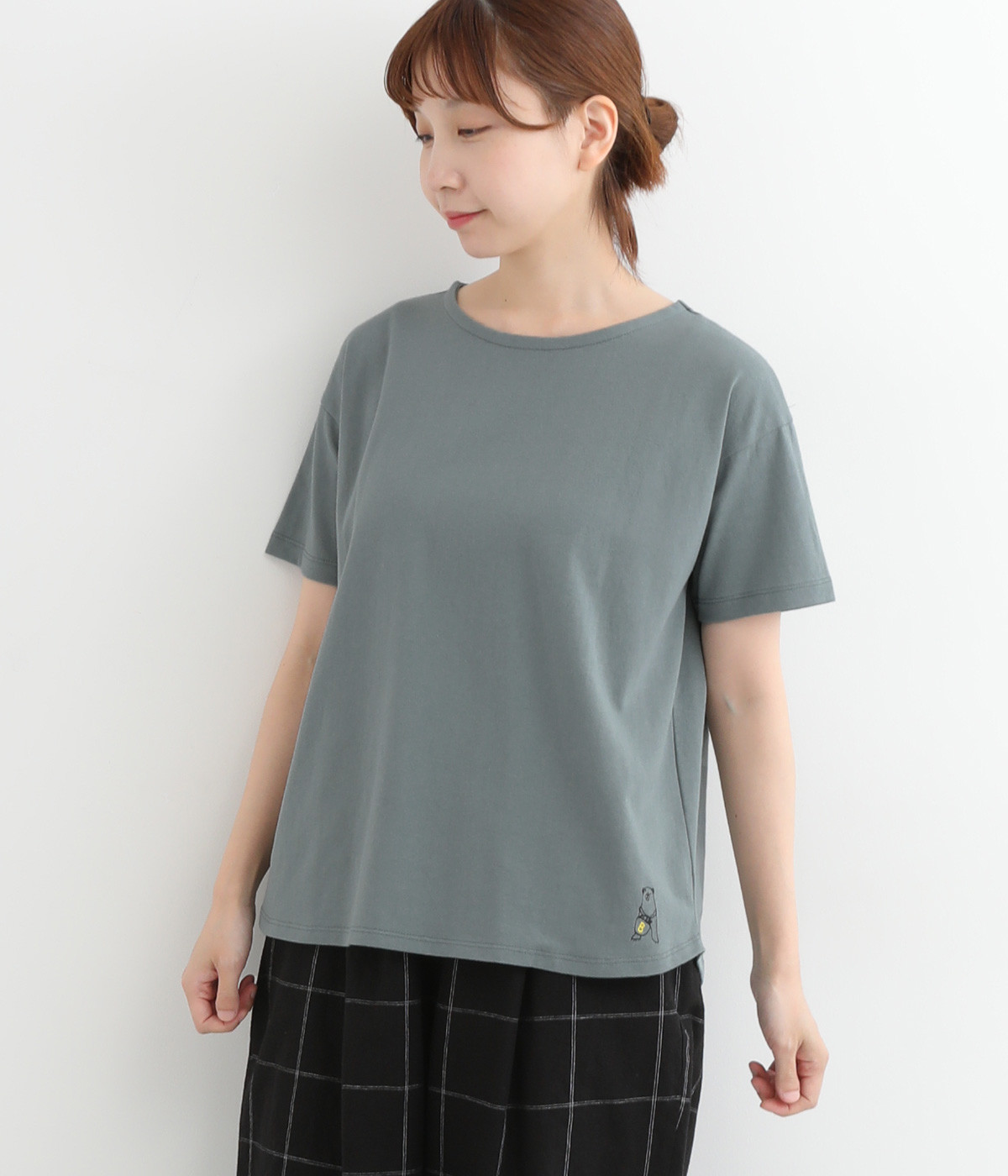 コットン天竺お花摘みクマ刺しゅうプルオーバー(グリーン-ONESIZE)