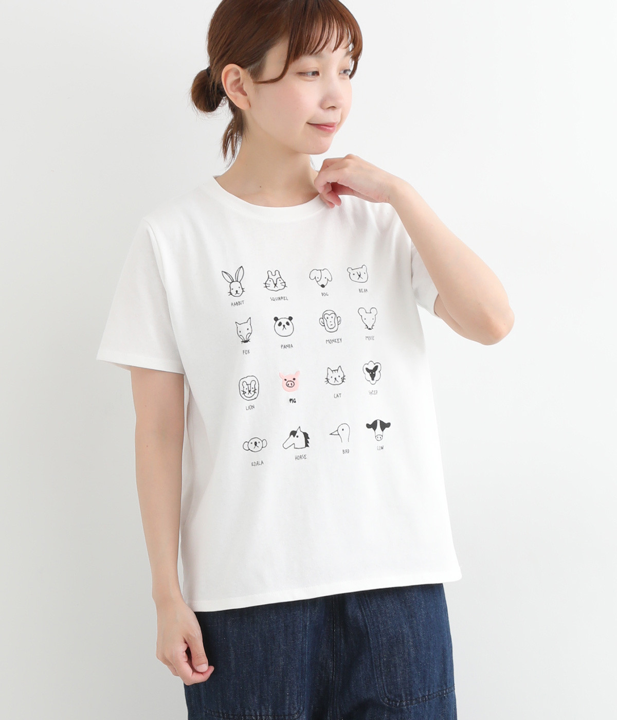 コットン天竺アニマルフェイスプリントＴシャツ(オフホワイト-ONESIZE)