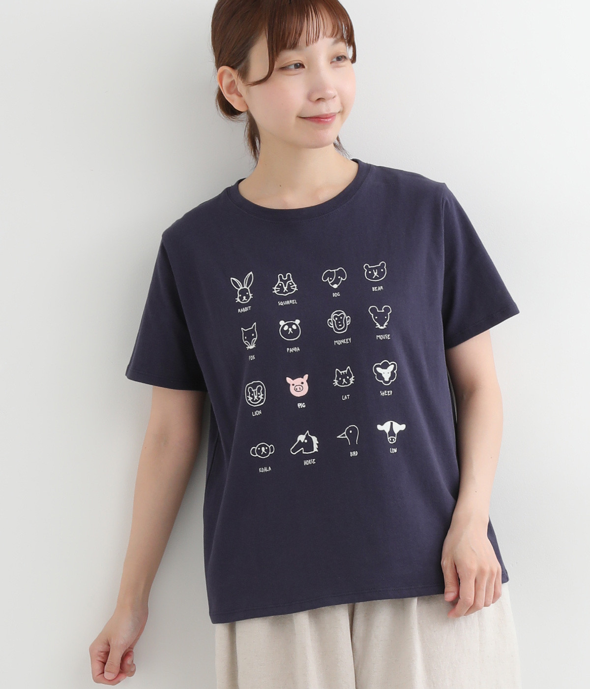 コットン天竺アニマルフェイスプリントＴシャツ(ネイビー-ONESIZE)