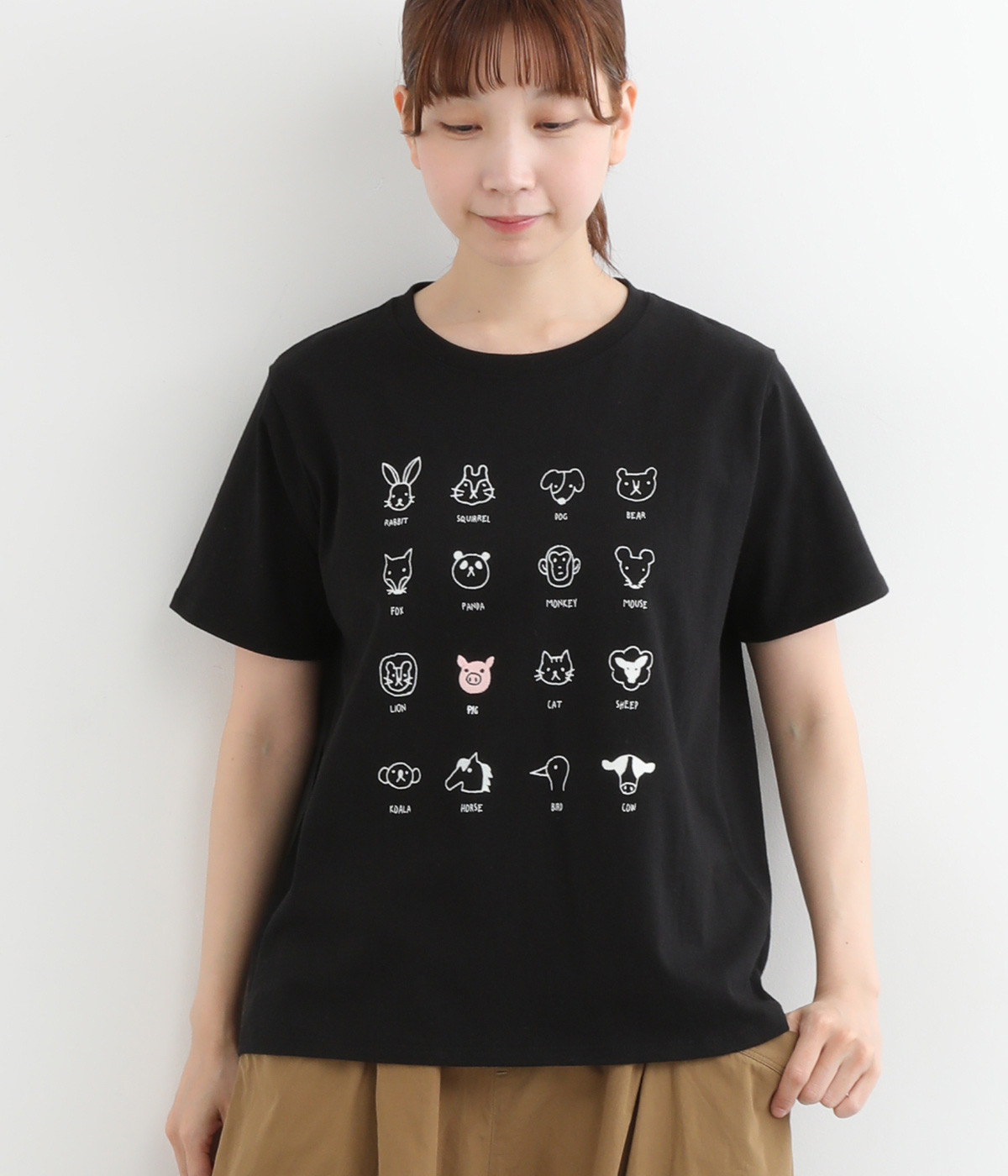 コットン天竺アニマルフェイスプリントＴシャツ(ブラック-ONESIZE)