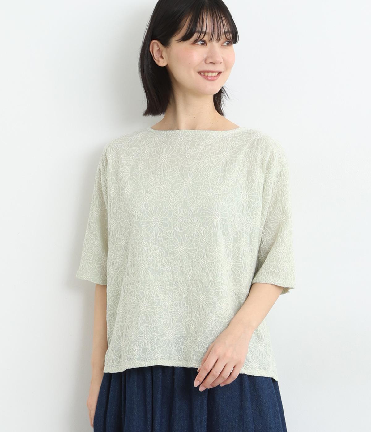 コットンフラワー刺しゅうTブラウス(ミント-ONESIZE)