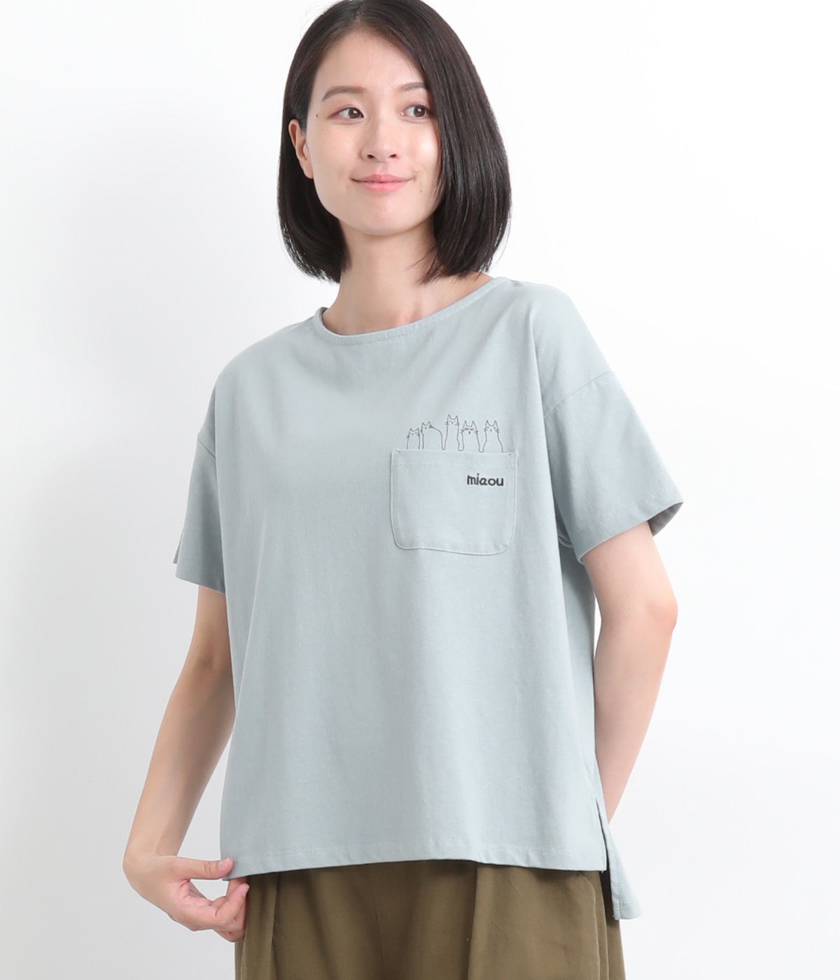 コットン天竺ポケットねこ巾広プルオーバー(ブルー-ONESIZE)