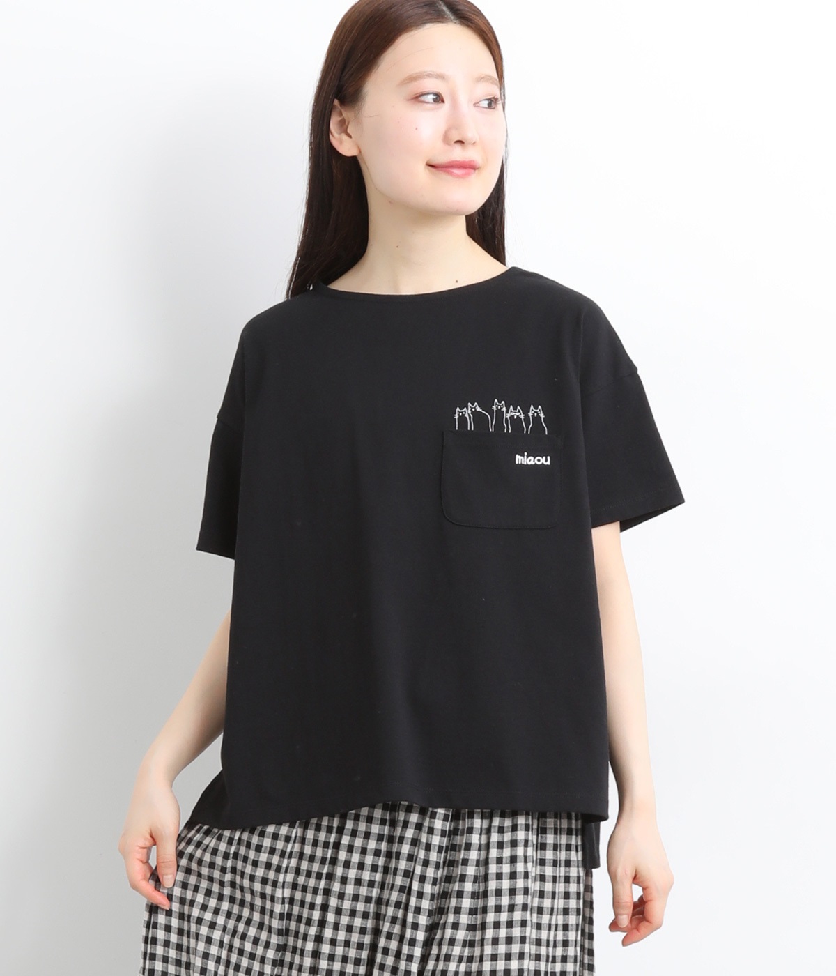 コットン天竺ポケットねこ巾広プルオーバー(クロ-ONESIZE)