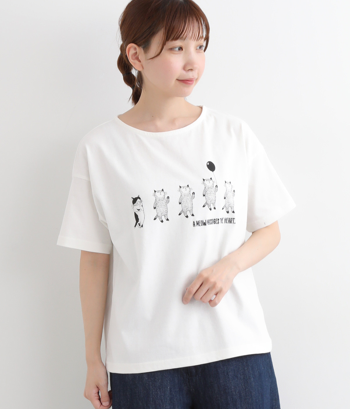 コットン天竺風船ねこと考えるねこ幅広プルオーバー(オフ-ONESIZE)