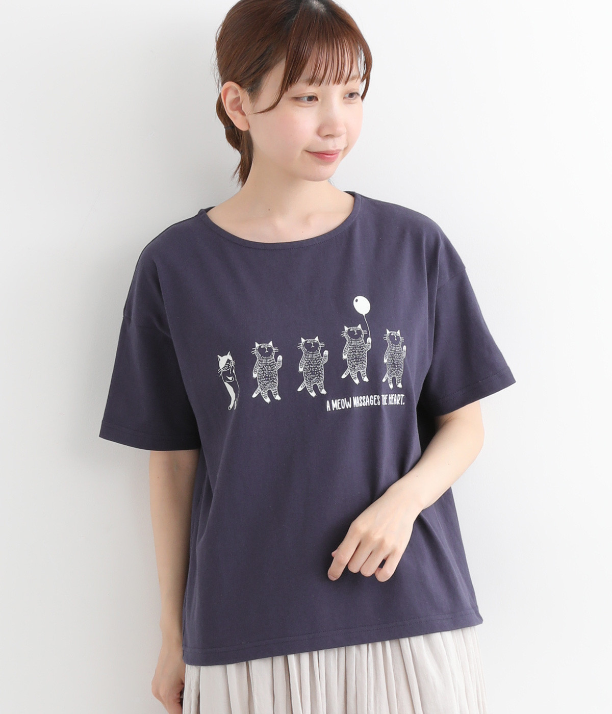 コットン天竺風船ねこと考えるねこ幅広プルオーバー(ネイビー-ONESIZE)
