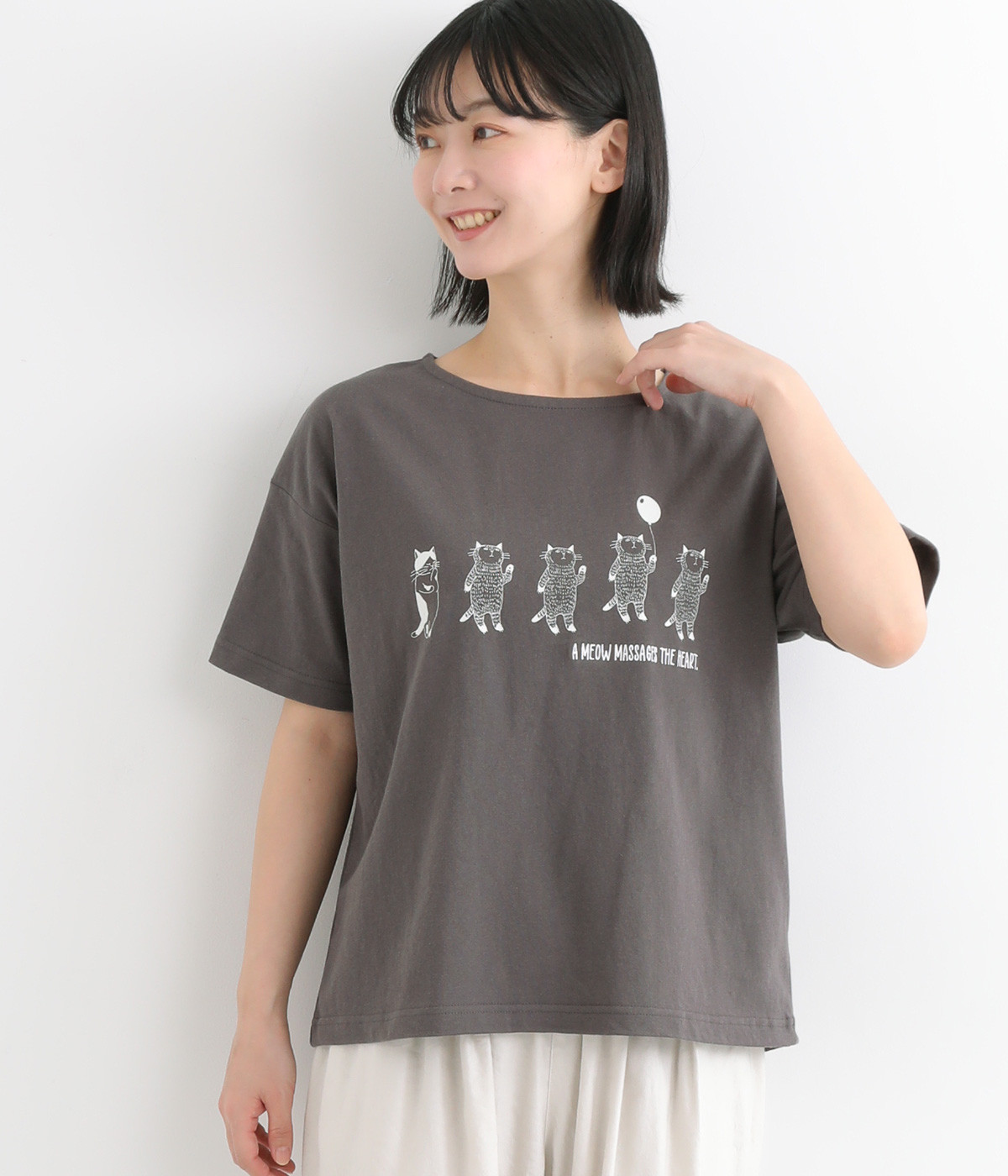 コットン天竺風船ねこと考えるねこ幅広プルオーバー(チャコール-ONESIZE)