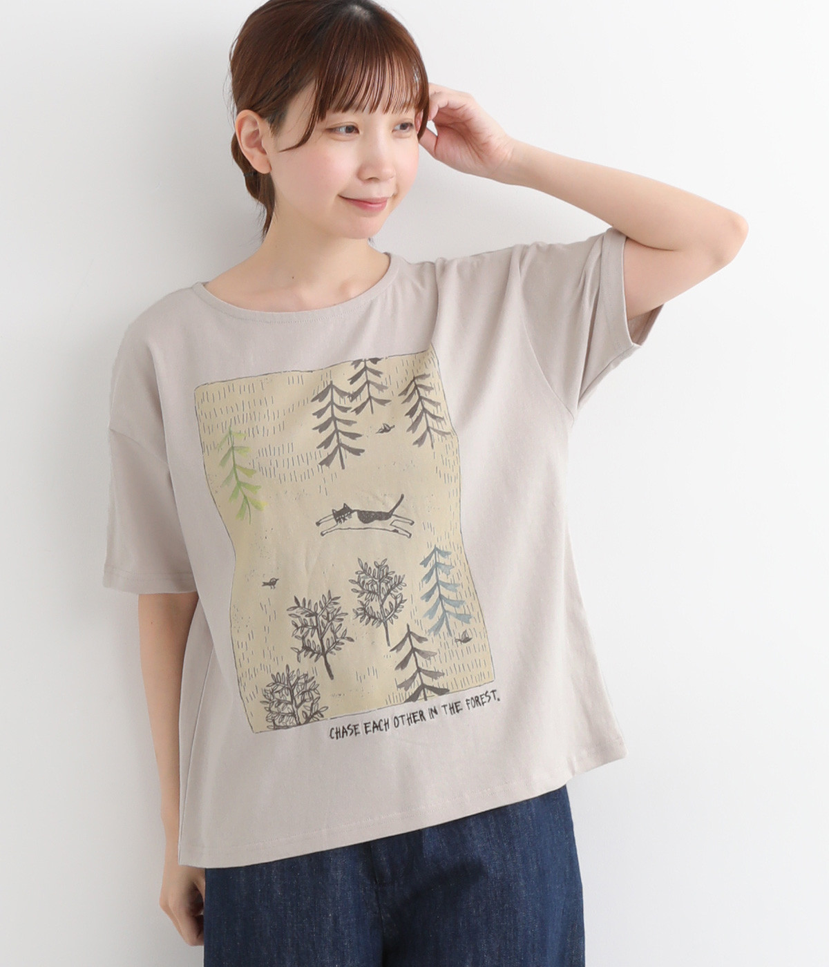 コットン天竺森の中のねこ幅広プルオーバー(グレージュ-ONESIZE)