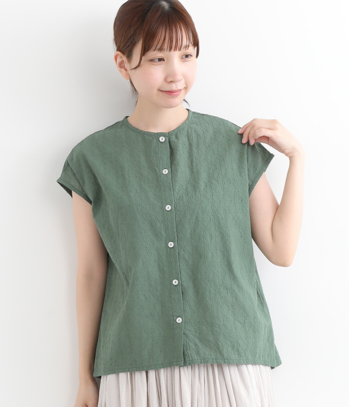 コットンビーンズ刺しゅうフレンチブラウス(グリーン-ONESIZE)