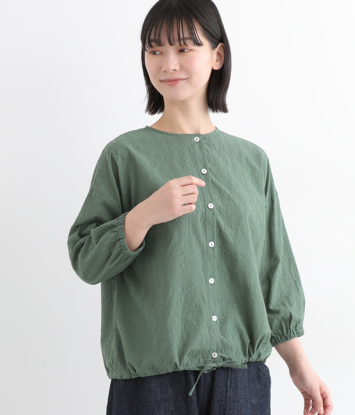 コットンビーンズ刺しゅうドロストブラウス(グリーン-ONESIZE)