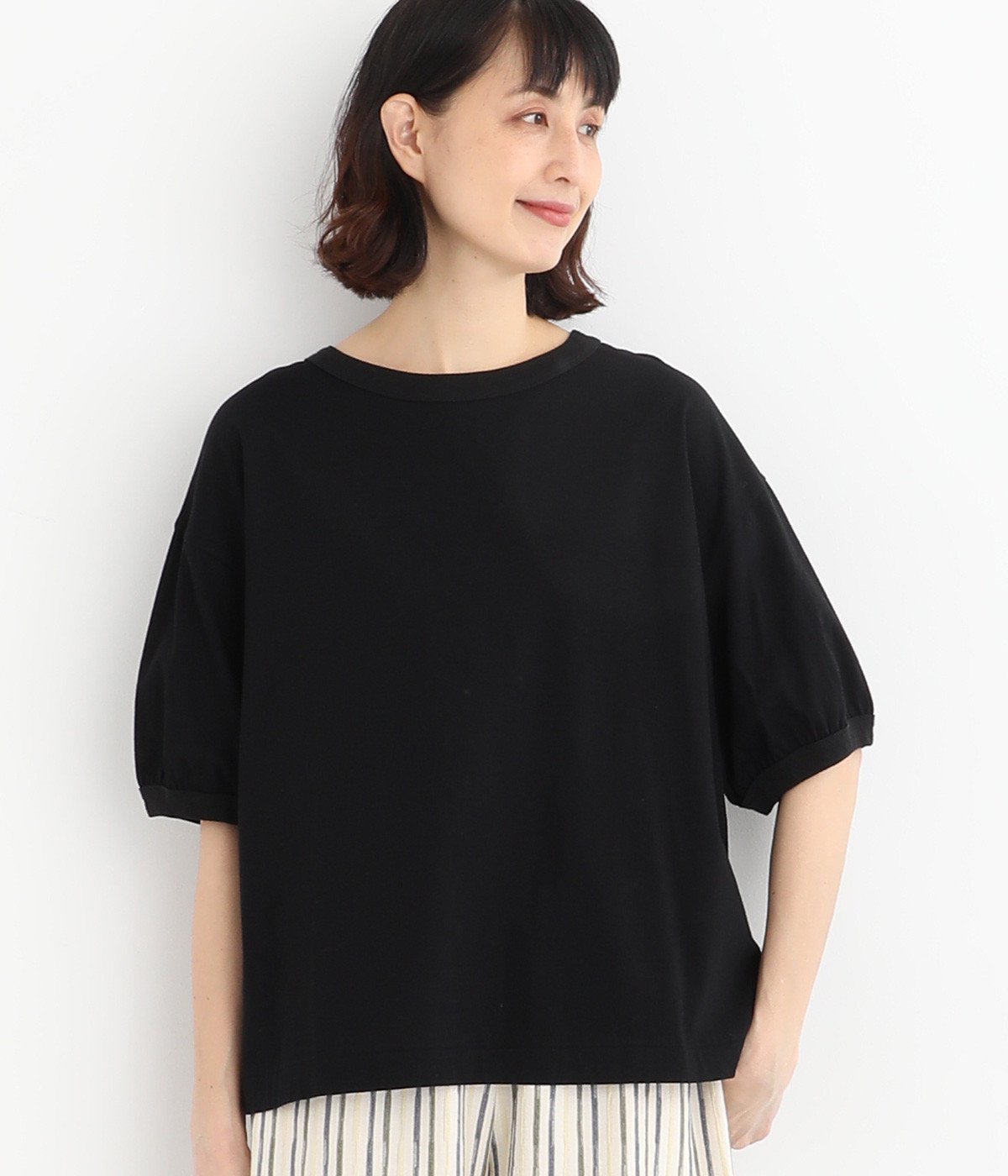 【Cion】コットンリンガーTシャツ(ブラック-ONESIZE)