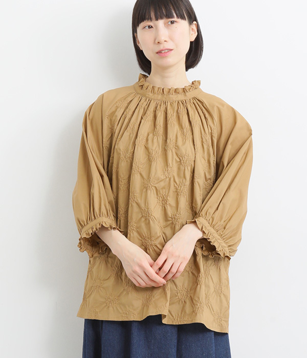 コットン 刺繍切替ラグランブラウス(ベージュ-ONESIZE)