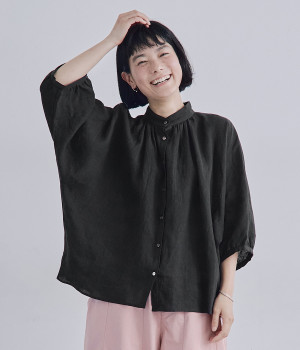 コットン フレンチリネンギャザーシャツ(ブラック-ONESIZE)