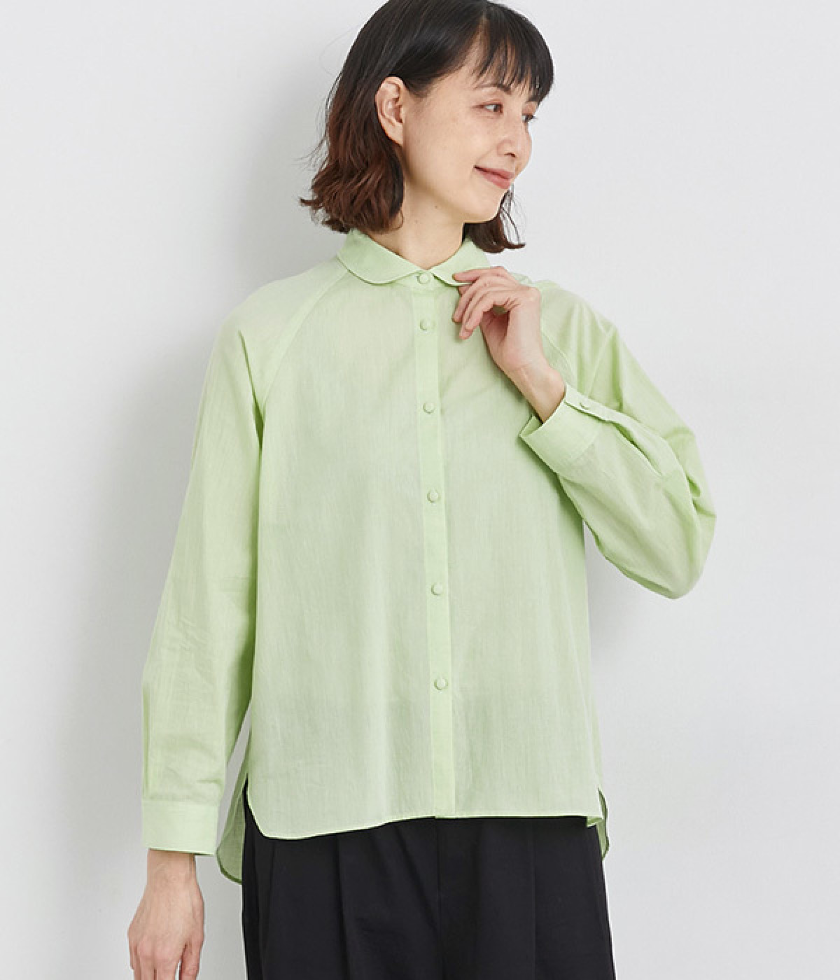 オーガニックコットン ラウンドカラーラグランシャツ(グリーン-ONESIZE)