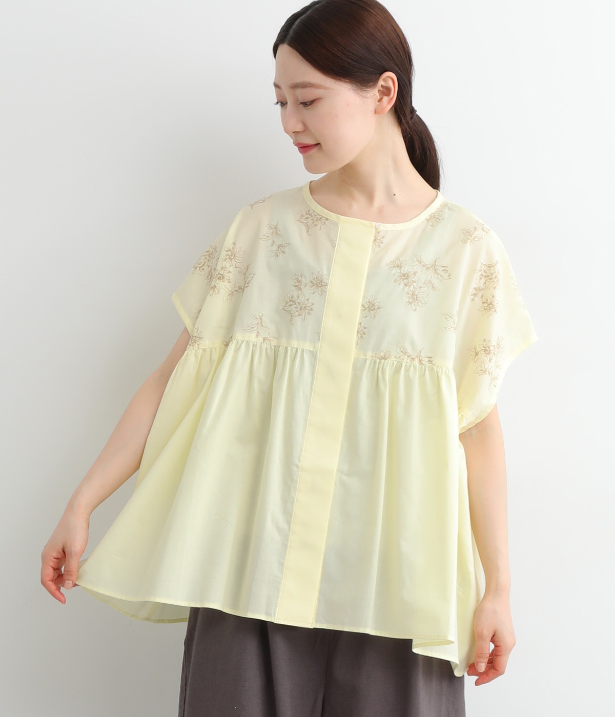 コットン FLOWER刺繍ギャザーシャツ(イエロー-ONESIZE)