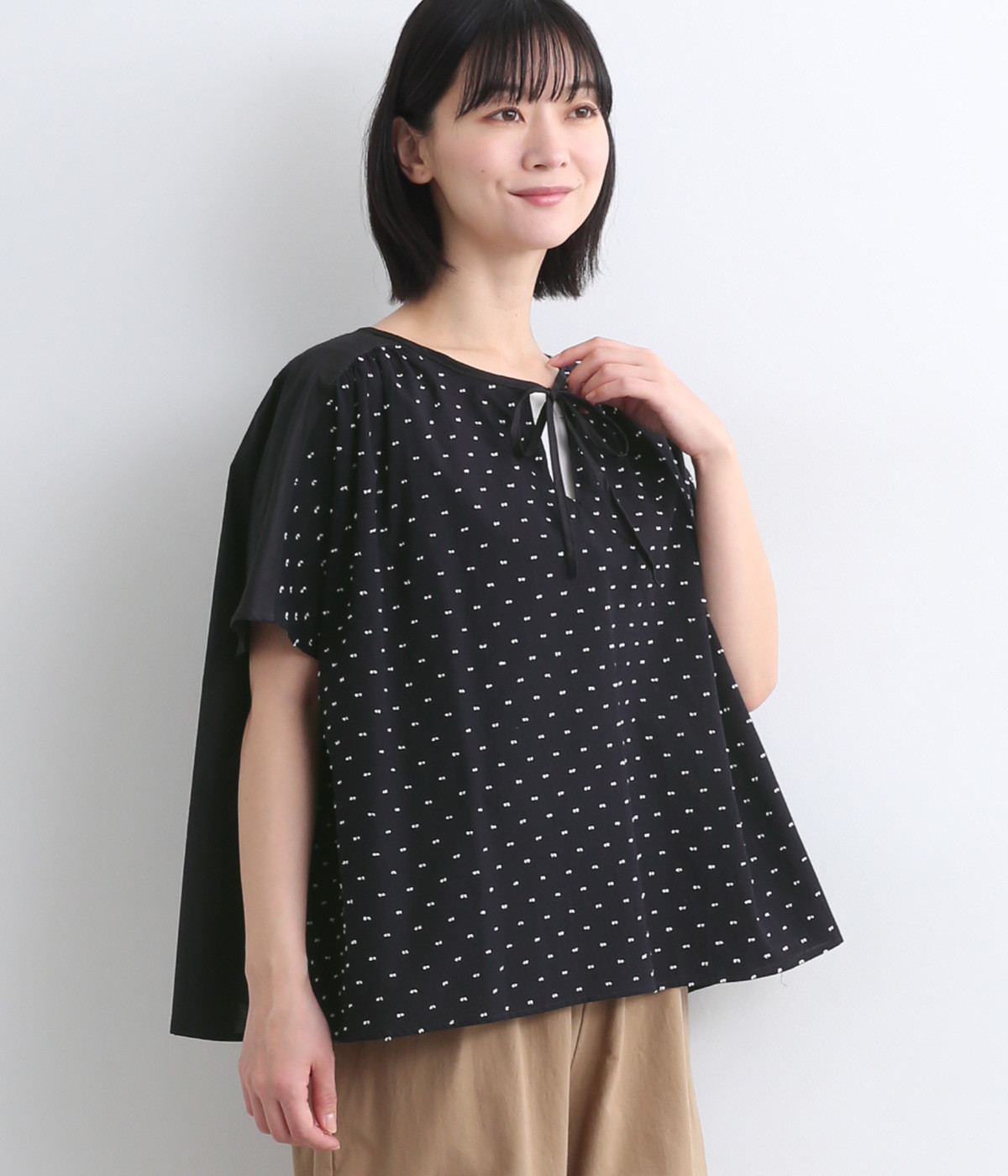 【made in japan】ドビードット切替ネックリボンブラウス(ネイビー-ONESIZE)