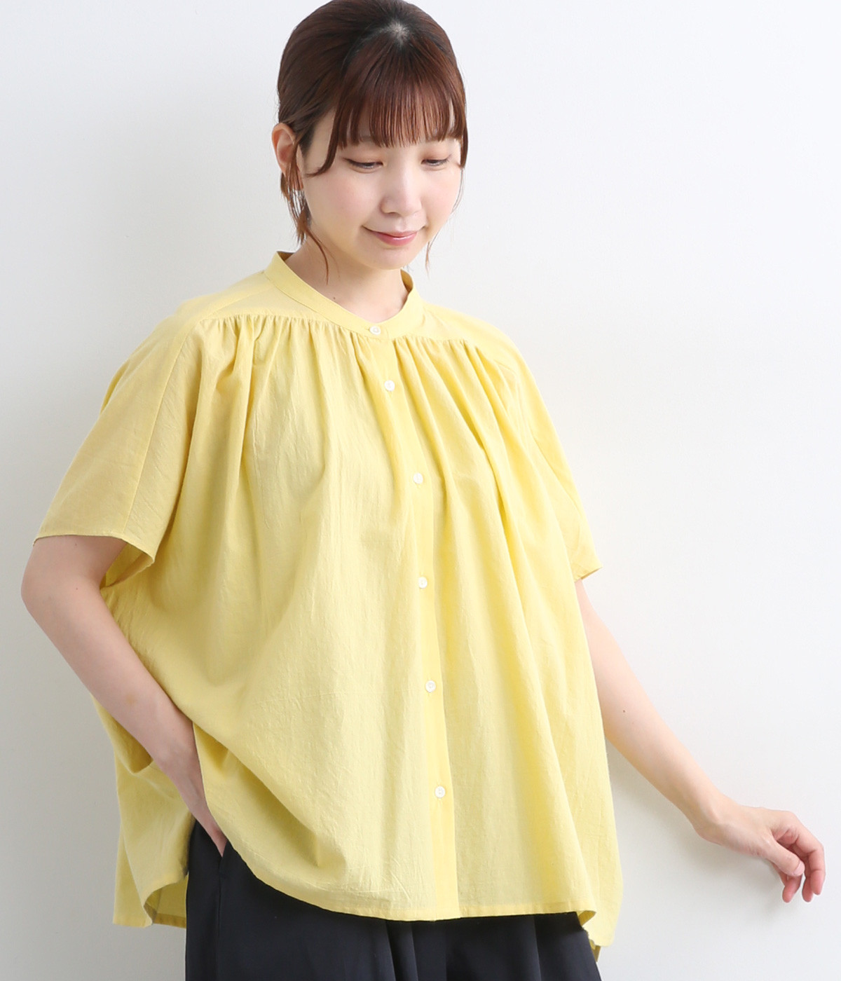 【made in japan】コットン フレンチスリーブギャザーシャツ(イエロー-ONESIZE)