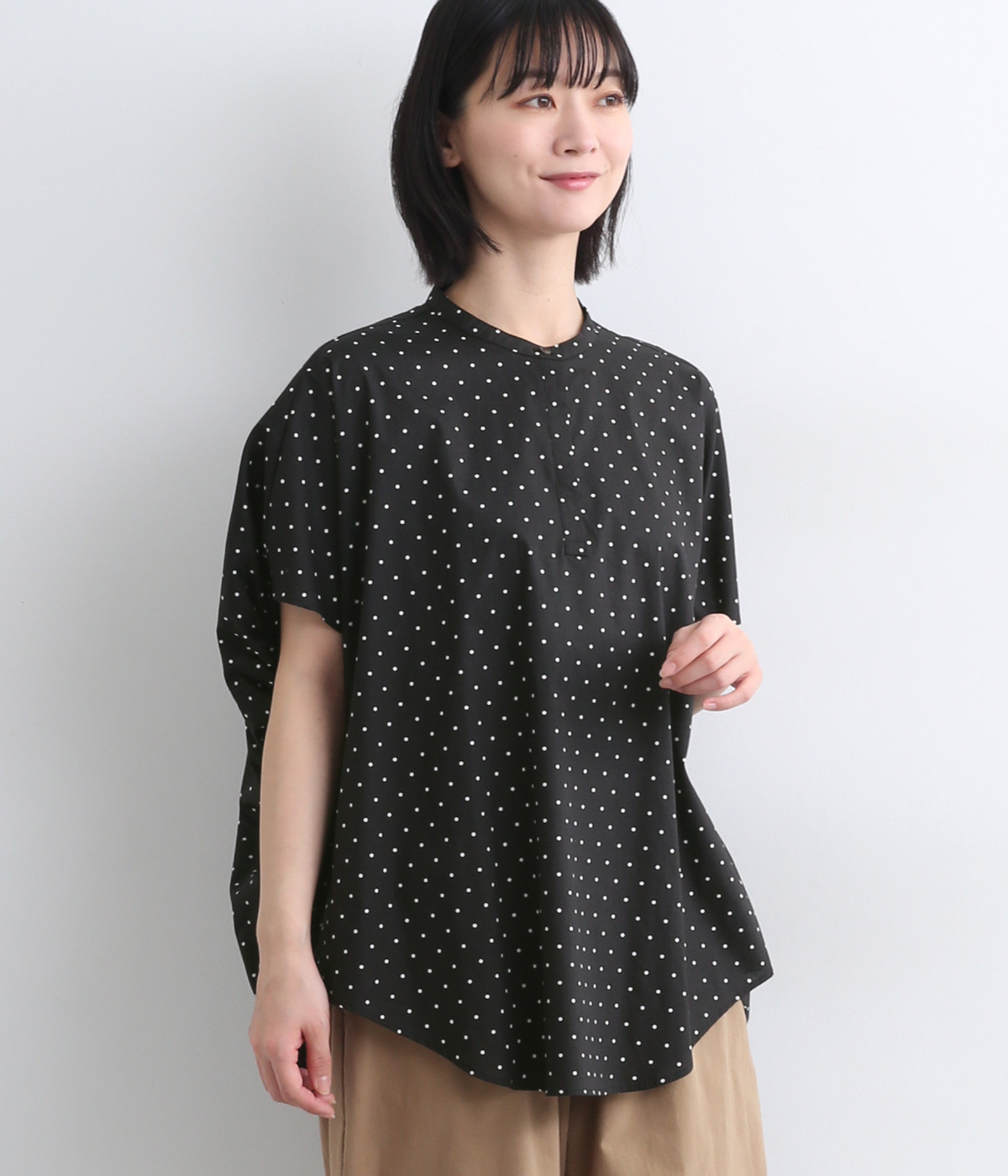【made in japan】コットン ドット柄タックブラウス(ブラック-ONESIZE)