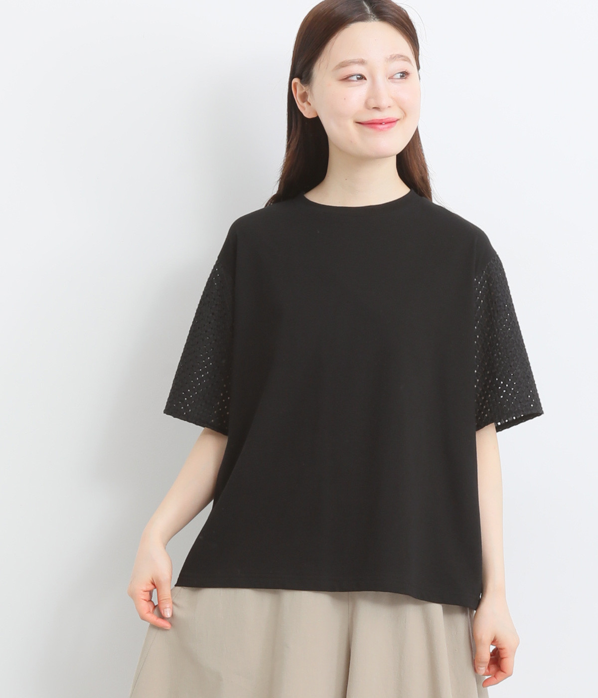 【made in japan】コットン天竺レーススリーブプルオーバー(ブラック-ONESIZE)