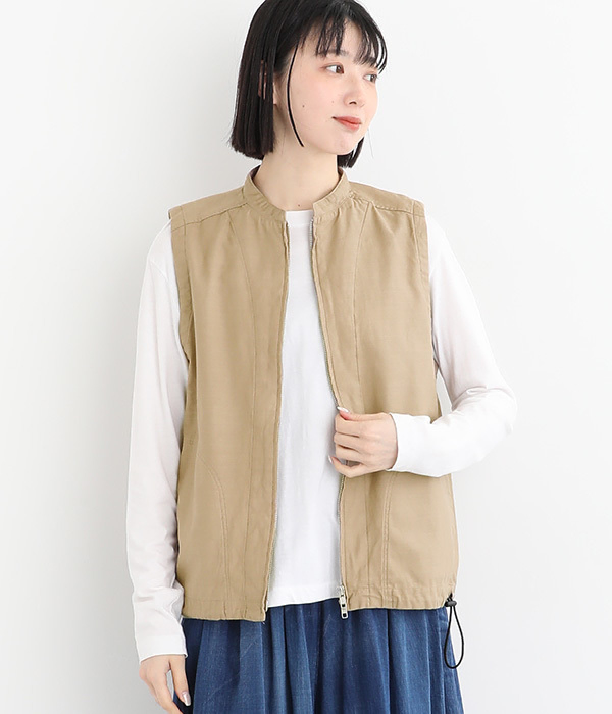 コットンルーズバックサテンノースリーブドロストベスト(ベージュ-ONESIZE)