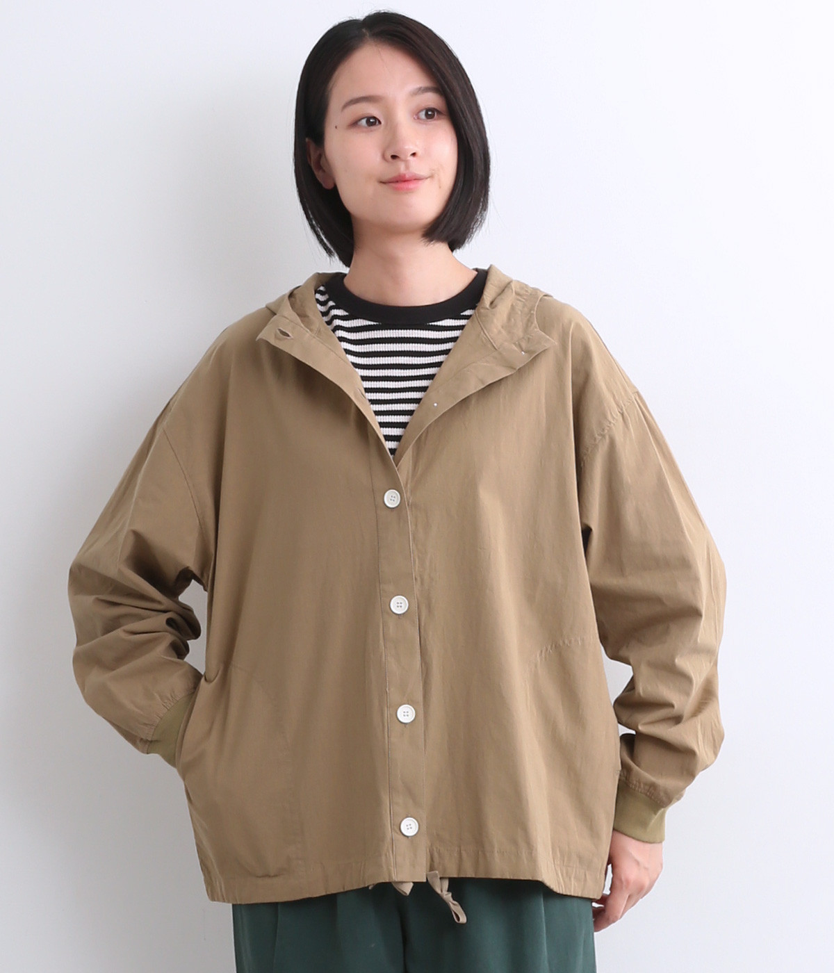 コットンヴィンテージポプリンドロストフーディブルゾン(ベージュ-ONESIZE)