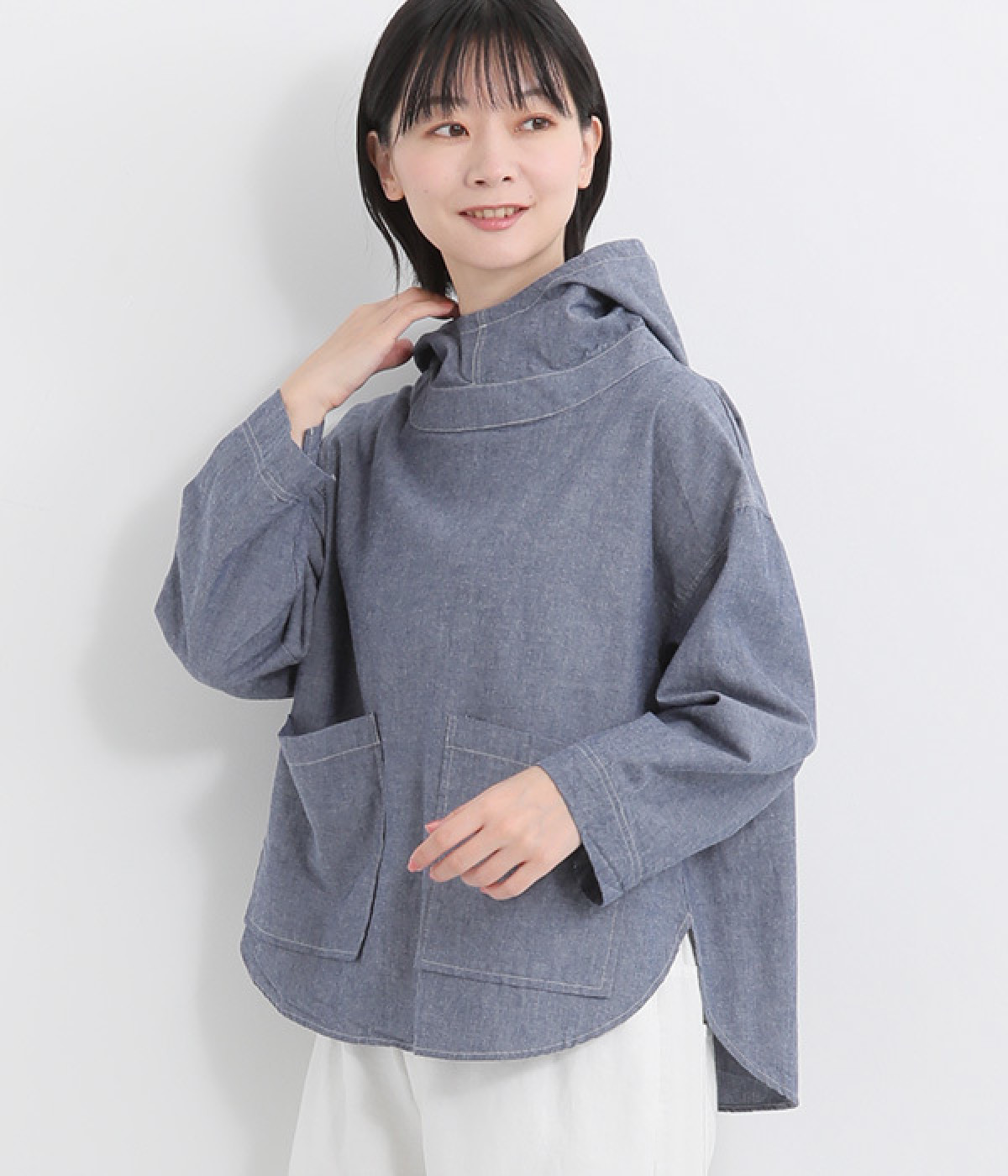 コットンダンガリー配色ステッチヘムラウンドヘムフーディープルオーバー(ネイビー-ONESIZE)