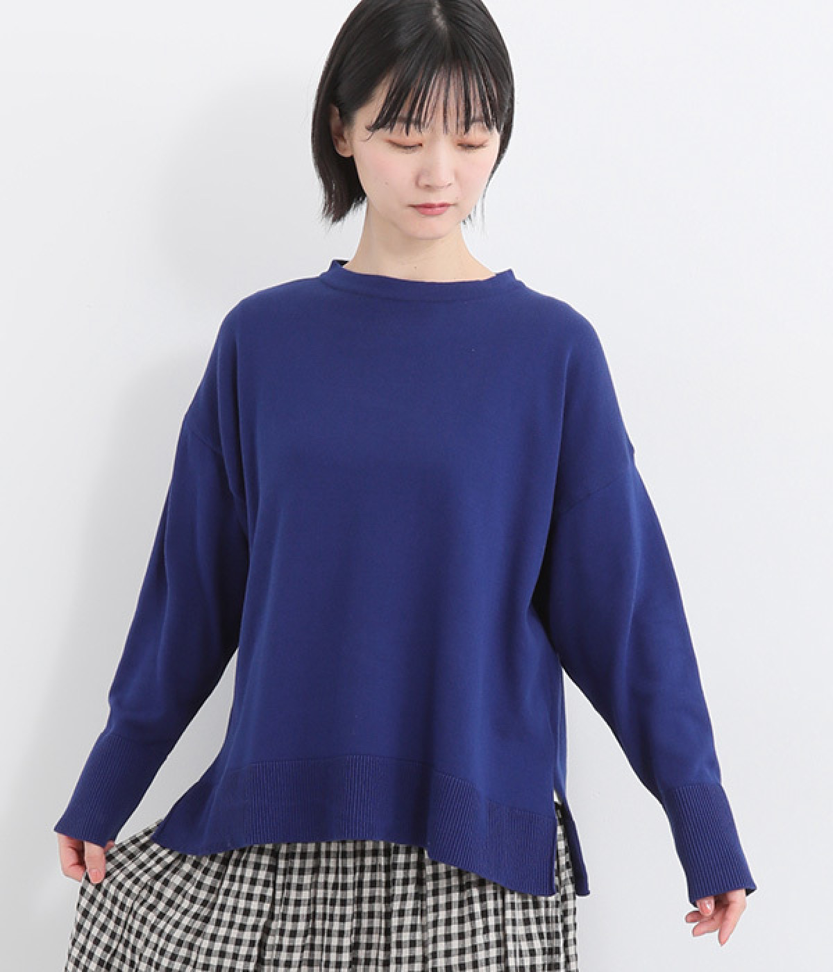 コットンコーマ天竺編みサイドスリットプルオーバー(ブルー-ONESIZE)