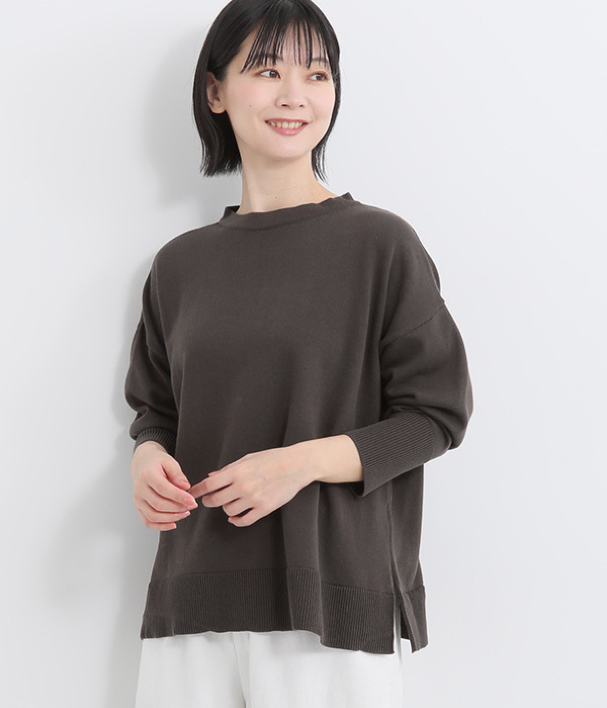 コットンコーマ天竺編みサイドスリットプルオーバー(チャコール-ONESIZE)