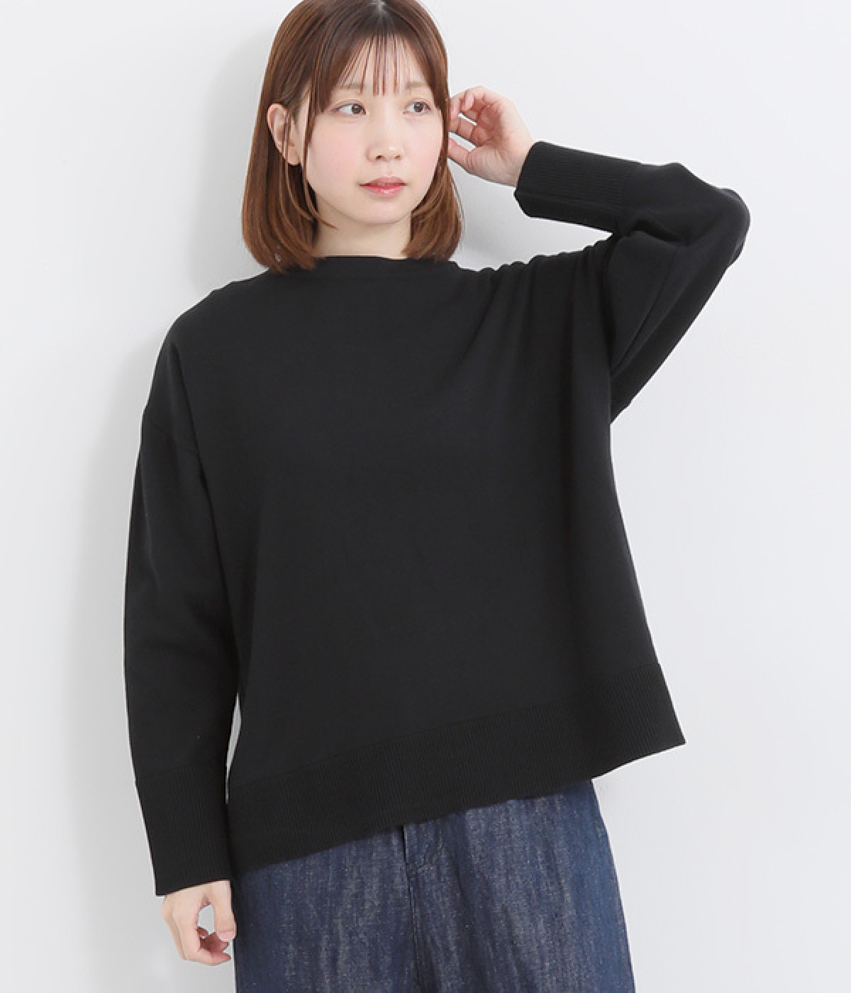 コットンコーマ天竺編みサイドスリットプルオーバー(ブラック-ONESIZE)