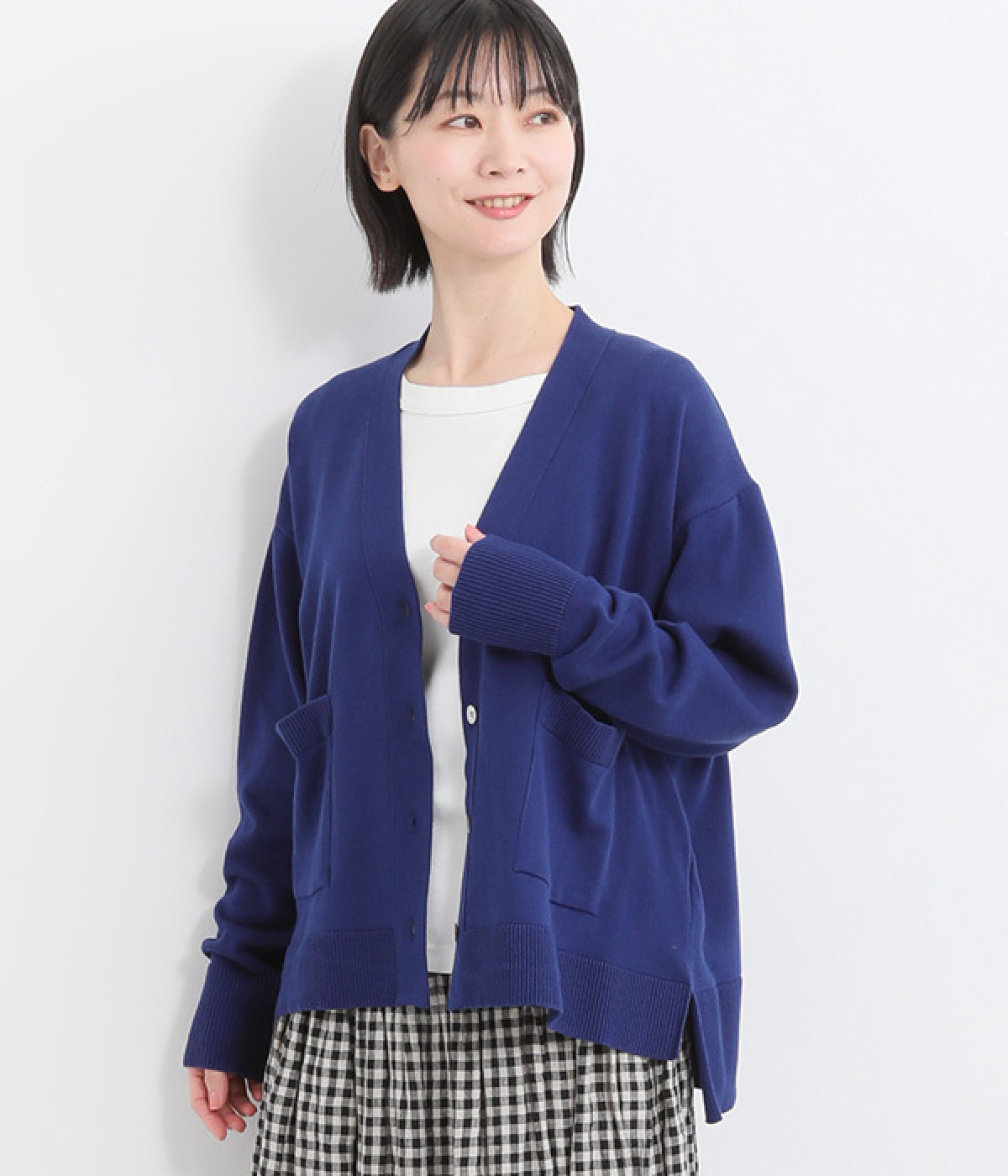 コットンコーマ天竺編みVネックカーディガン(ブルー-ONESIZE)