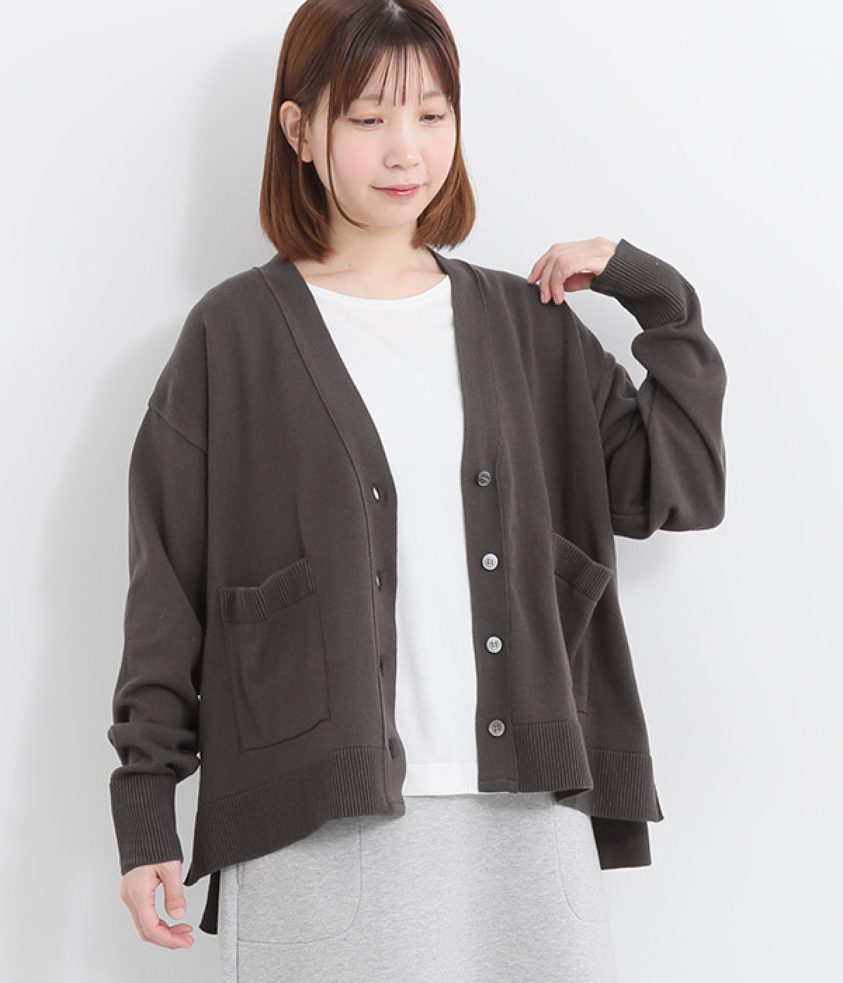 コットンコーマ天竺編みVネックカーディガン(チャコール-ONESIZE)