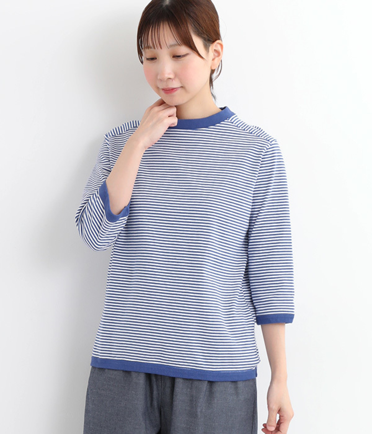 コットンアメリカンドライ天竺ボーダーII7分袖ヨークボーダーTシャツ(オフホワイト×クリアブルー-ONESIZE)