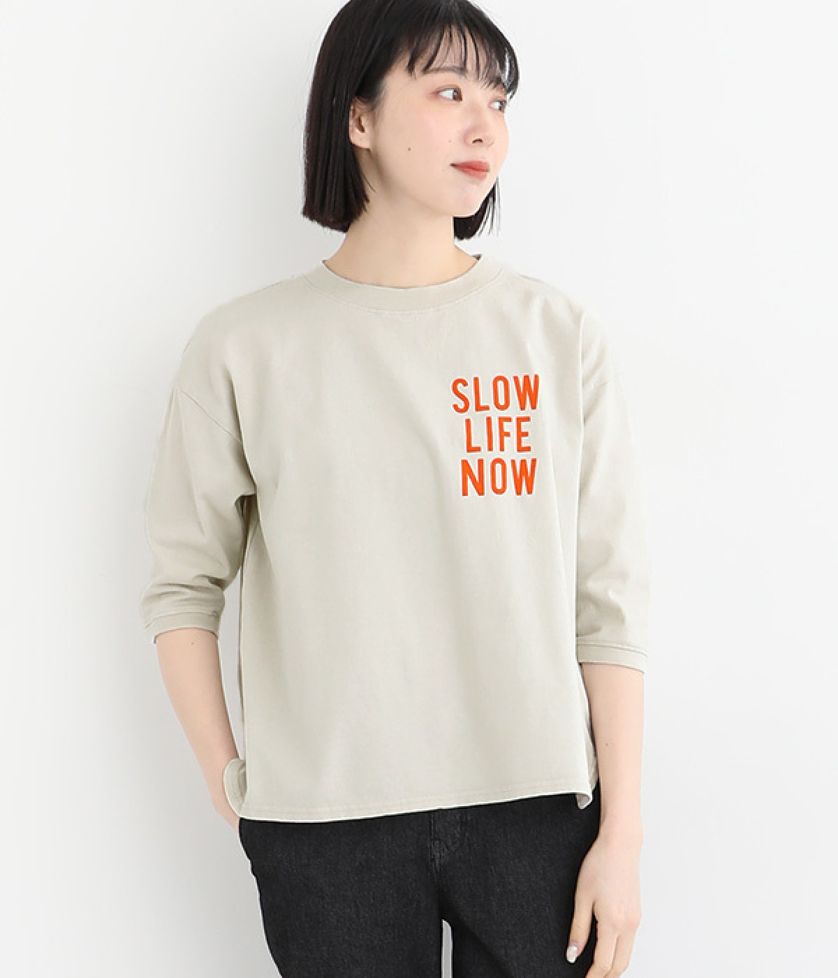 コットンBD天竺7分袖プリントプルオーバー<SLOW LIFE NOW> (アイボリー-ONESIZE)