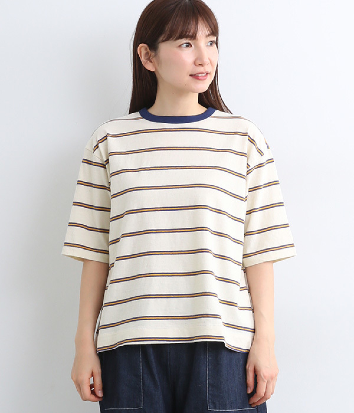 コットンクレセールボーダーミニスリットヘムTシャツ(エクリュ-ONESIZE)