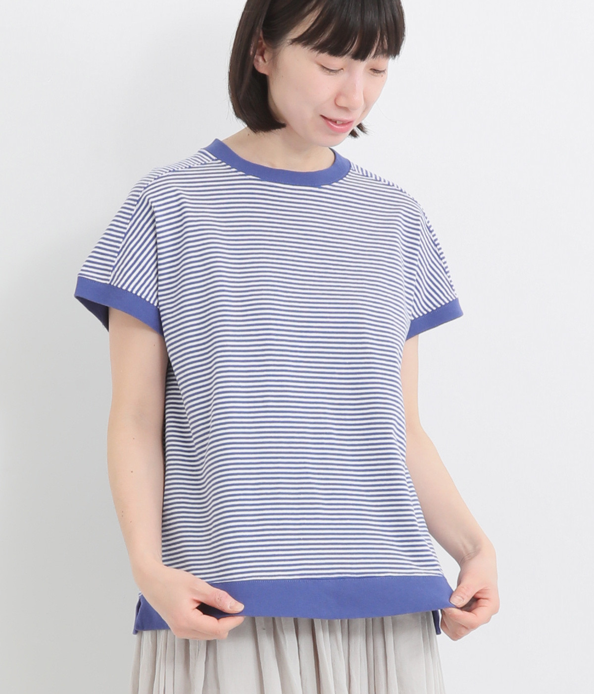コットンアメリカンドライ天竺フレンチスリーブボーダーTシャツ(オフホワイト×クリアブルー-ONESIZE)