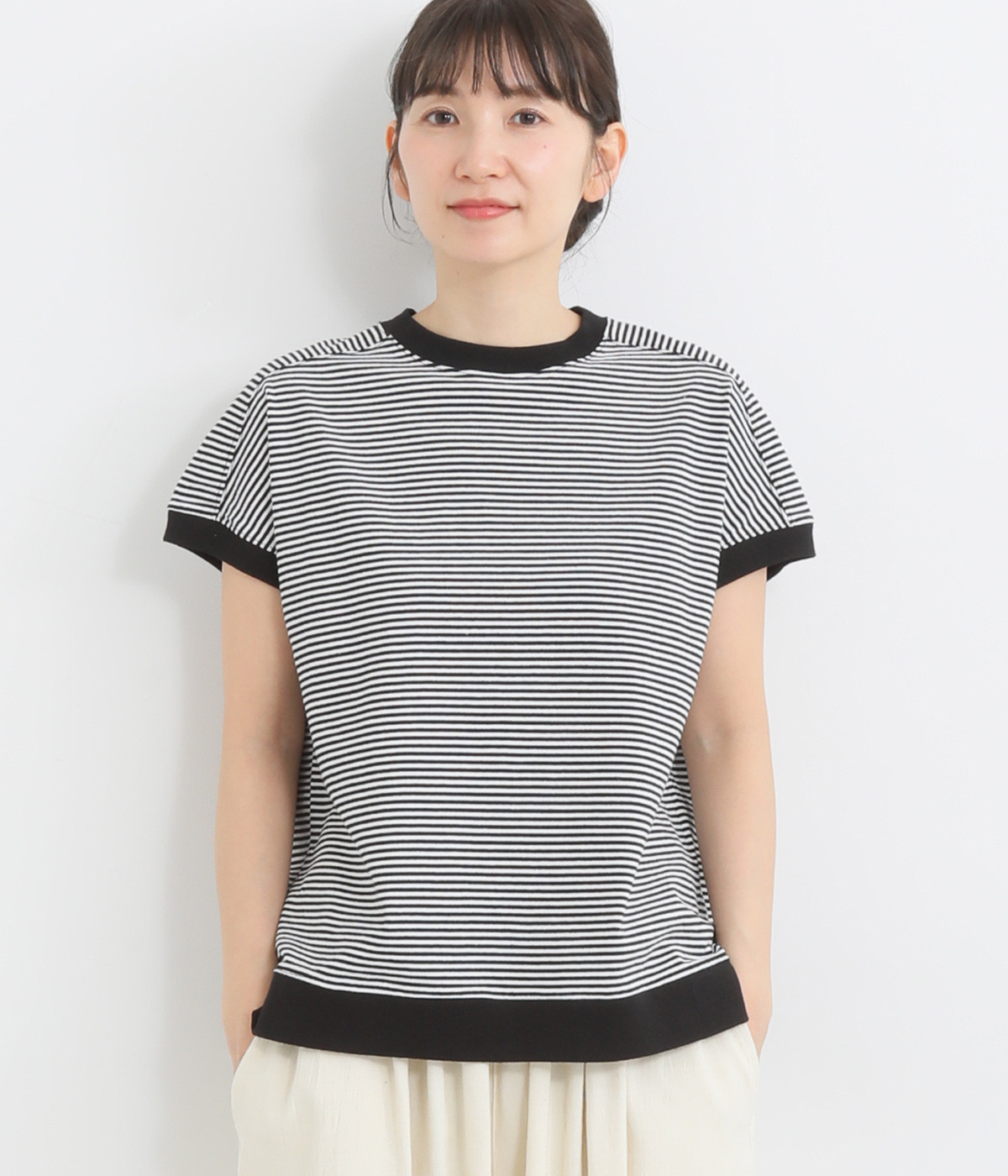 コットンアメリカンドライ天竺フレンチスリーブボーダーTシャツ(オフホワイト×ブラック-ONESIZE)