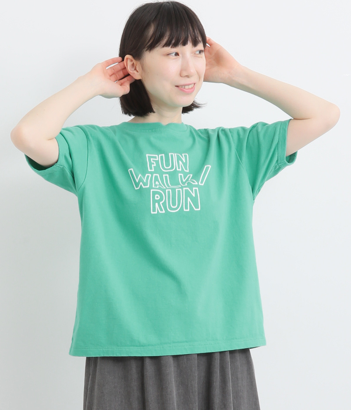 コットン天竺半袖プリントTシャツ〈FUN WALK/RUN〉(グリーン-ONESIZE)
