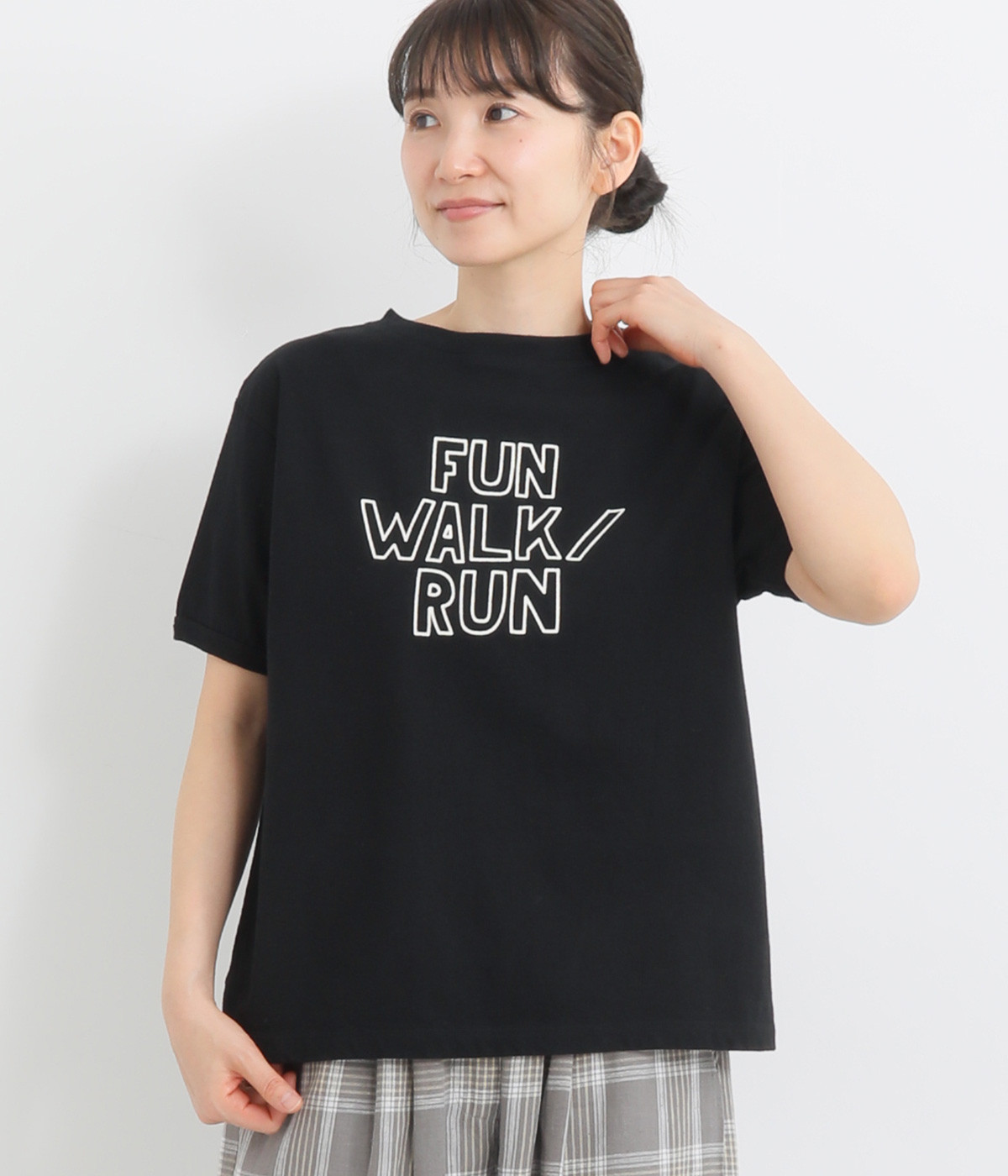 コットン天竺半袖プリントTシャツ〈FUN WALK/RUN〉(ブラック-ONESIZE)